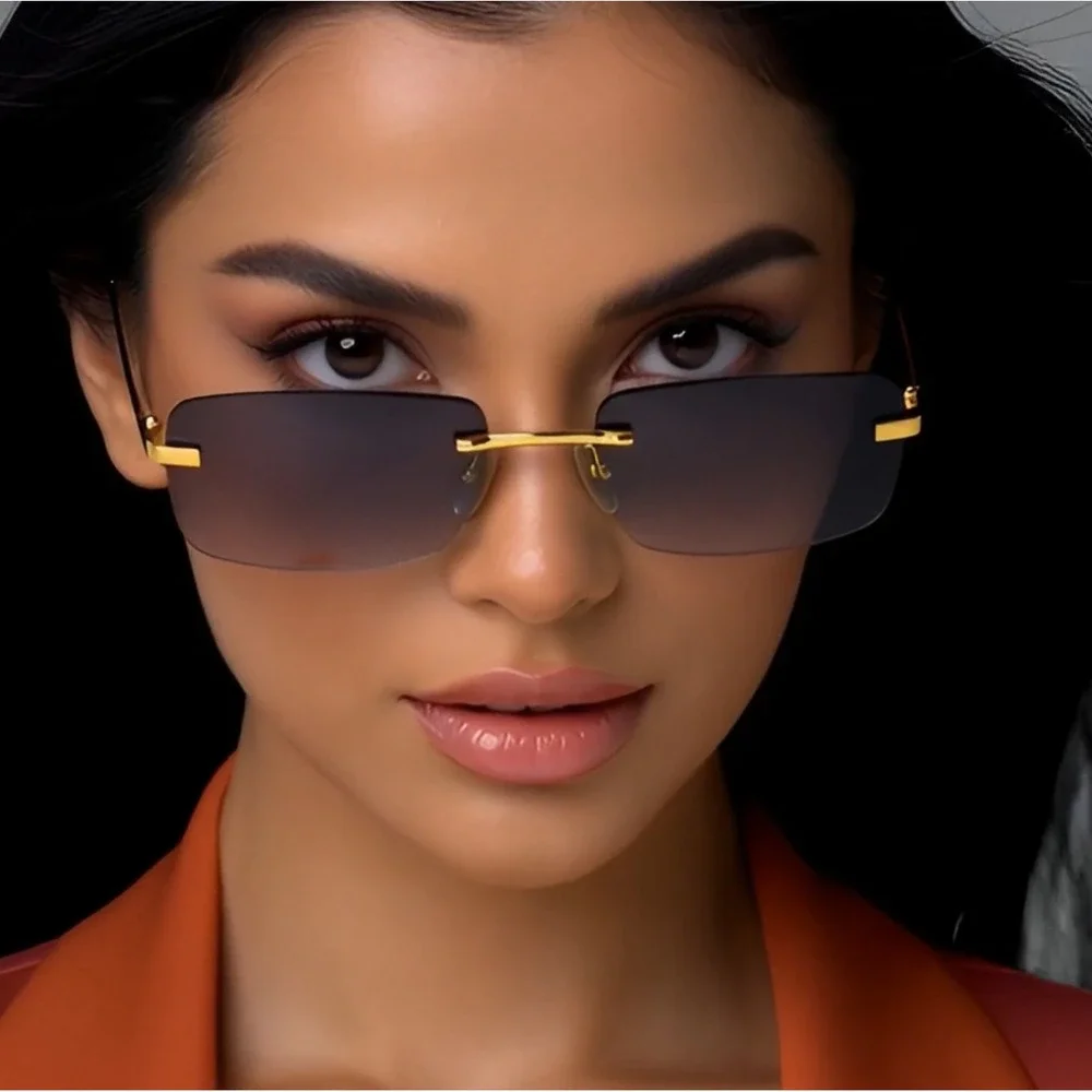Rimless Sunglasses Gold Frame Black Lens Rectangle Fashion Sun Glasses Women New